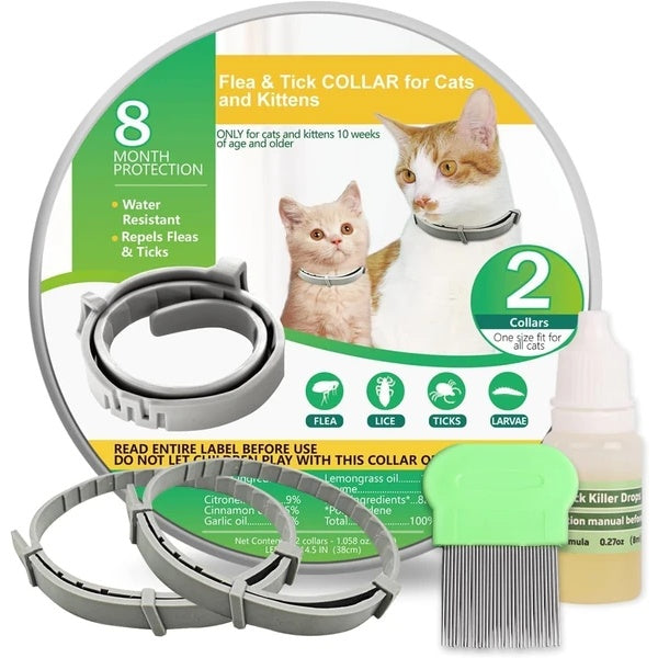 Flea And Tick Collar For Cats, 8 Months Of Cat Flea Collar Protection Made With Premium Plant Based Essential Oil Natural Treatment Prevention Free Comb And Prevention Treatment Drop - MAYONAL STORE