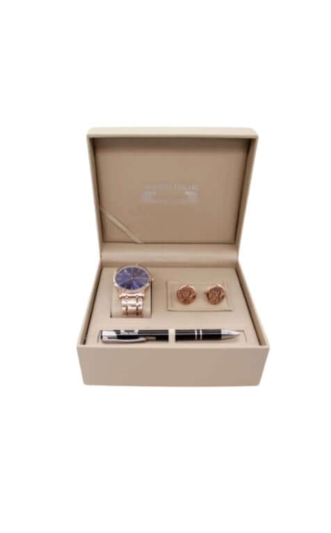 Men's Set – 3 Pieces: Watch, Cufflinks & Metallic Pen, Rose Gold Box - MAYONAL STORE