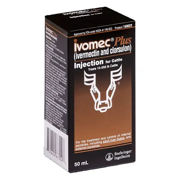 Ivomec Plus injectable solution 50ml box for cattle, effective antiparasitic treatment with ivermectin and clorsulon.