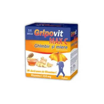 Gripovit Max C, immune support, ginger and honey, 10 sachets, vitamin C, natural remedy, cold relief, immune boost, antioxidants, respiratory health, wellness supplement
