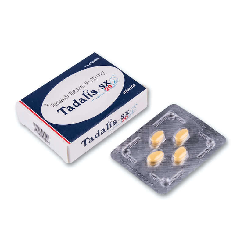 Tadalis SX erectile support tablets packaging with blister pack, designed for long-lasting male performance.