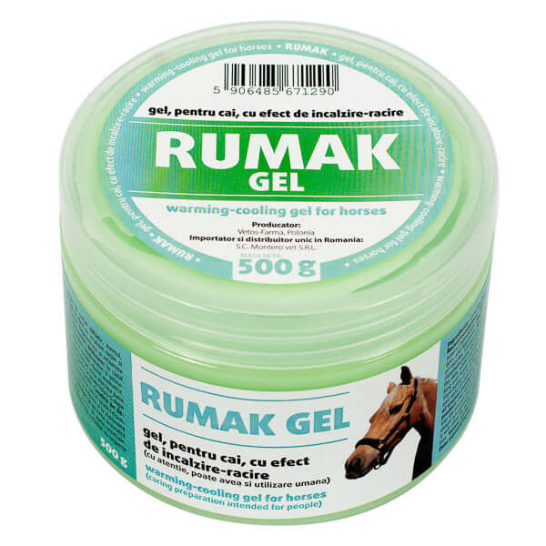Rumak Gel 500g warming-cooling gel for horses, effective for muscle and joint injuries, soothing and natural ingredients.