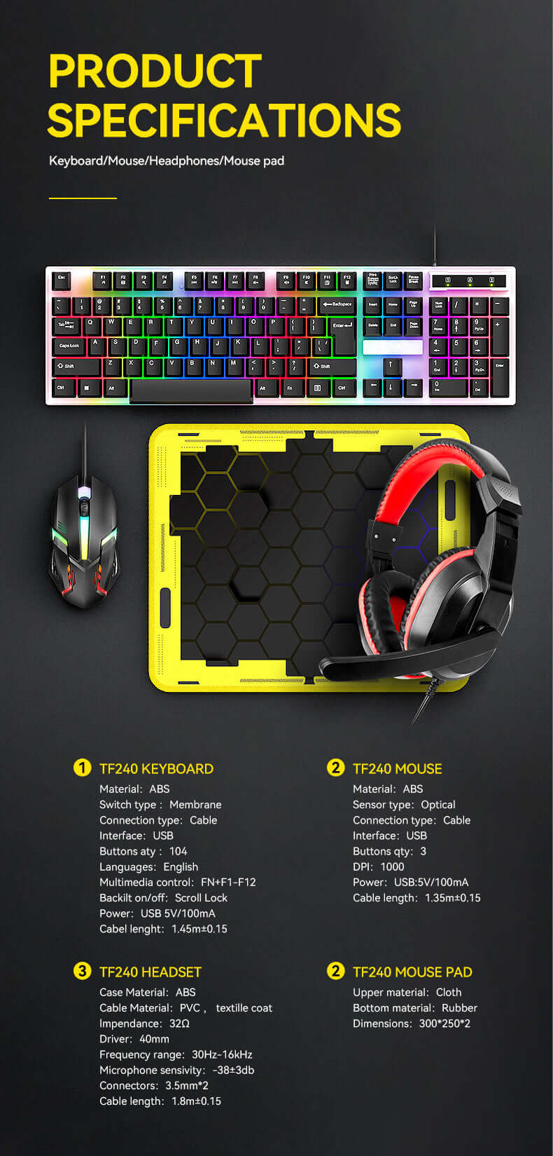 Kinsi 4-in-1 Gaming Kit – RGB Keyboard, Headphones, Mouse & Mousepad - MAYONAL STORE