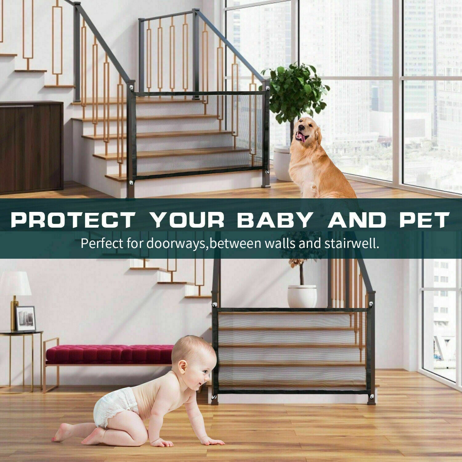 Pets Dog Cat Baby Safety Gate Mesh Fence Magic Portable Guard Net Stairs Doors - MAYONAL STORE
