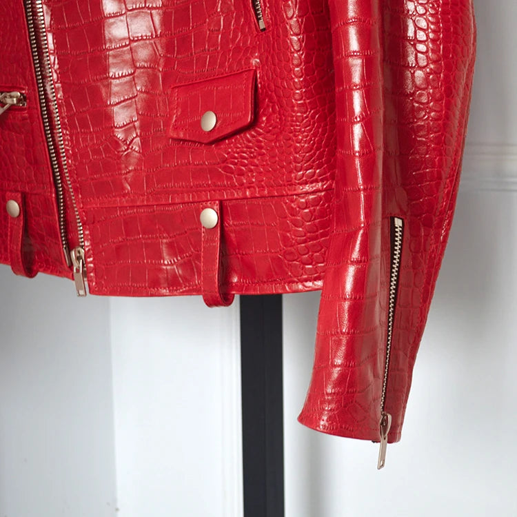 Mauroicardi Spring Red Crocodile Pattern Faux Leather Biker Jacket Long Sleeve Zipper Plus Size Designer Men Clothing 4xl 5xl