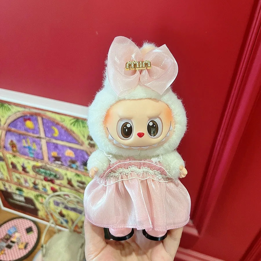 For 15/17cm Labubu Mini Doll Luxury Bow Dress original Hat Pants Clothes Set Labubu Dolls Clothing designer DIY Toys Accessorie
