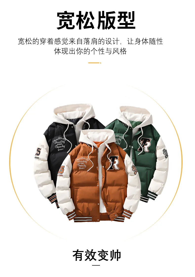 Supzoom New Arrival Casual Embroidery Mens Winter Trendy Fake Two-piece Hooded Bread Suit Couple Cotton-padded Jackets And Coats