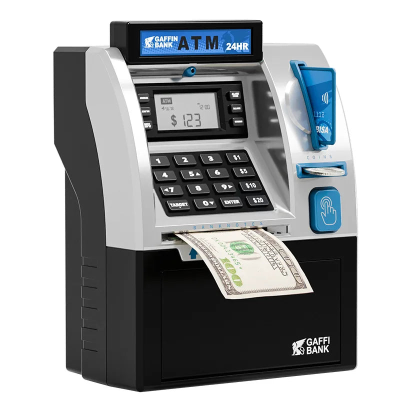 Playing house, savings toys, ATM machines, smart card swiping, coin counting, large safe, password, and money storage can