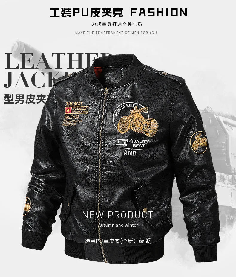 2025 Spring  Autumn Coffee V-neck  Embroidered PU Leather Motorcycle Jacket for Men,Army Green Washed Men's Workwear PU Jackets