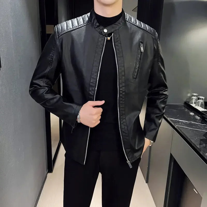 Spring and Autumn Men's Motorcycle Leather Jacket Casual Stand Collar Solid Color White Black Leather Jacket Zip Up PU Coat
