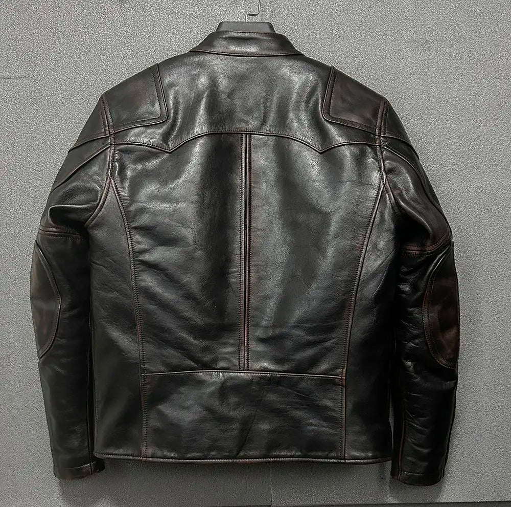 Vintage Black Autumn Leather Jacket Men Stand Collar Plus Size 5XL Natural Cowhide Slim Fit Short Genuine Leather Coat