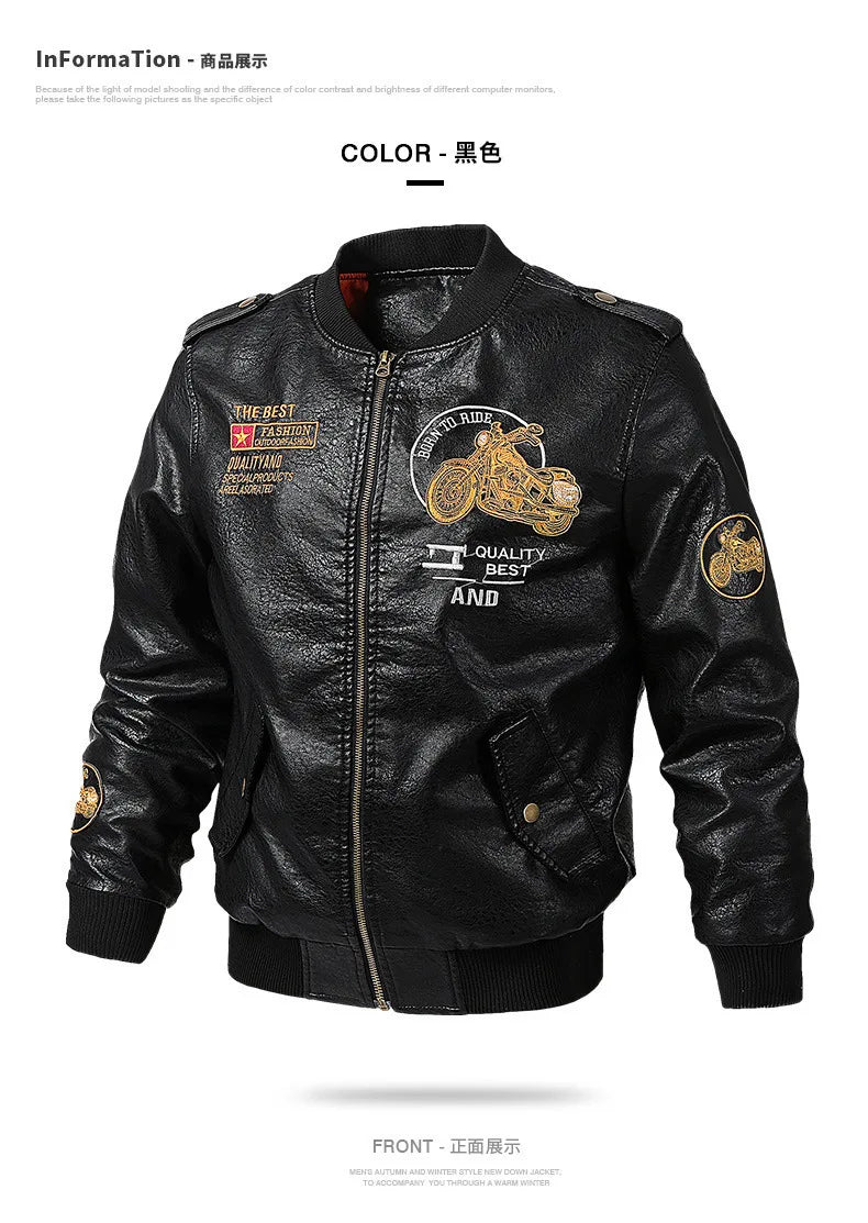 2025 Spring  Autumn Coffee V-neck  Embroidered PU Leather Motorcycle Jacket for Men,Army Green Washed Men's Workwear PU Jackets