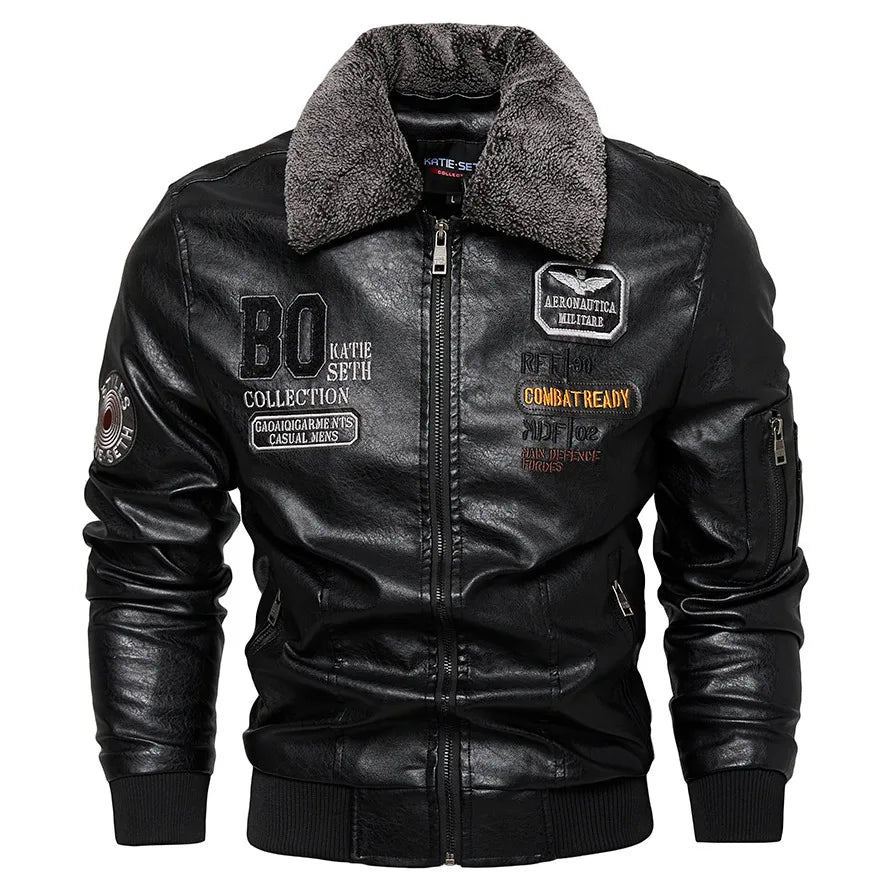 Business Slim fit Leather Bomber Jacket Men Slim Leather Flight Jacket Black Pilot Coat High Quality Man Fur collar Warm Jackets