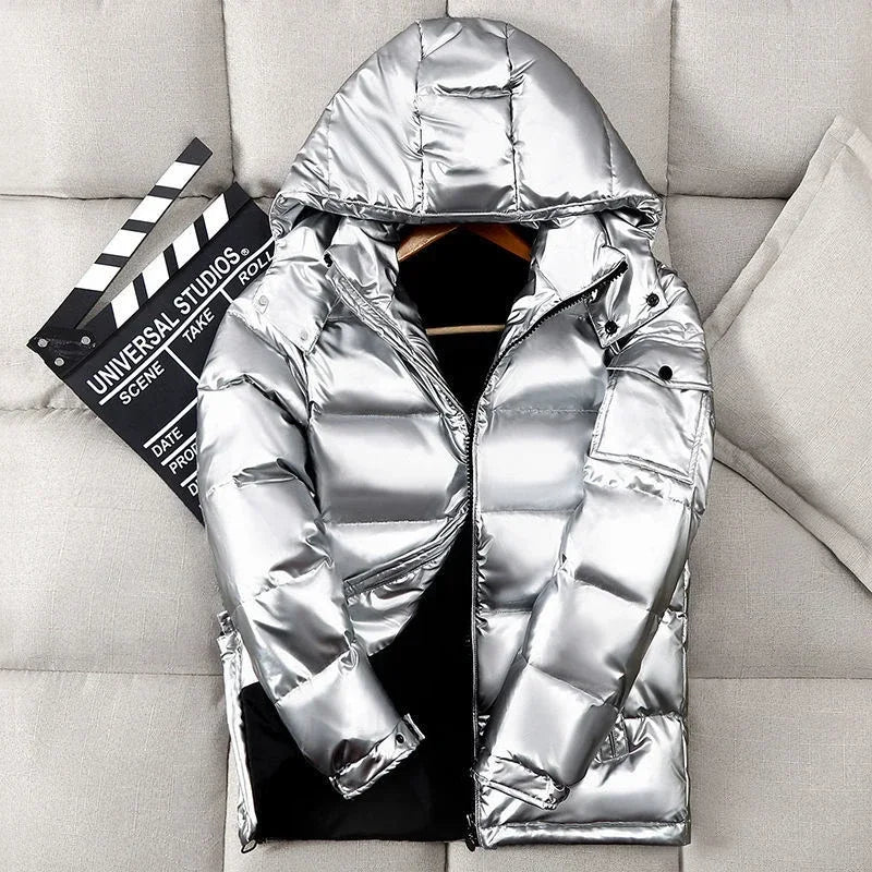 New Winter Men Black Shiny Puffer Jackets Hooded Casual Duck Down Coats High Quality Male Outdoor Windproof Warm Jackets Size 4X