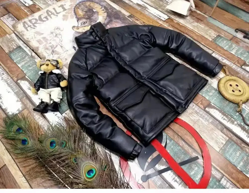 Cowhide Genuine Leather Duck Down Puffer Jacket Man Short Slim Fit Winter Fluffy Thickened Warm Leather Down Jacket Men Korean