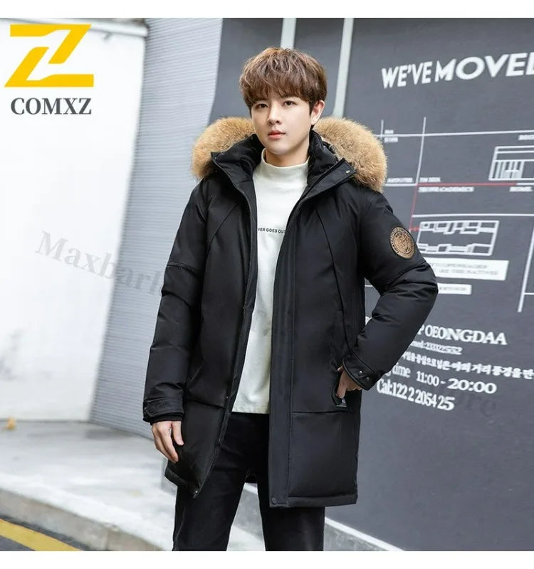 COMXZ Men Puffer Jacket Luxury Mao Collar Hooded Outdoor Office Thickened Parka Casual Travel Windproof Winter Long Puffer Coat