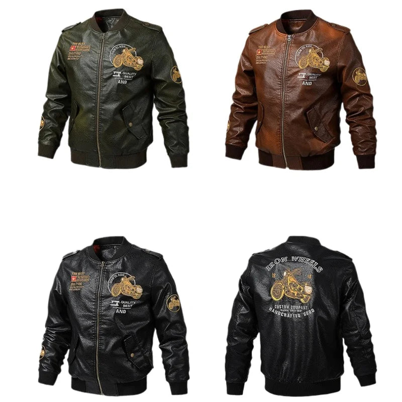 2025 Spring  Autumn Coffee V-neck  Embroidered PU Leather Motorcycle Jacket for Men,Army Green Washed Men's Workwear PU Jackets