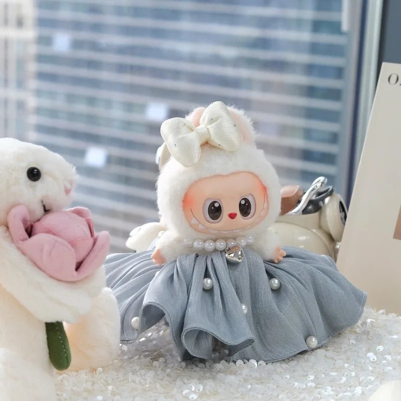 Bow Dress For 17cm Ropa Labubu Mini Doll Clothes Matching Pearl Hair Accessory Fahion Style Labubu V2/V3 Themed Outfit