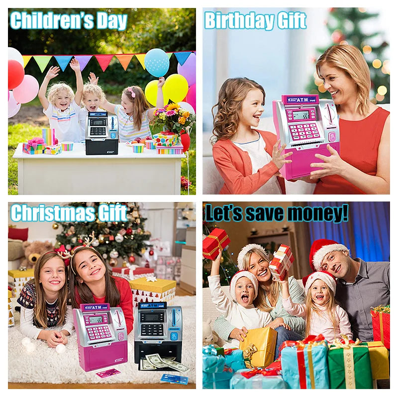 Playing house, savings toys, ATM machines, smart card swiping, coin counting, large safe, password, and money storage can