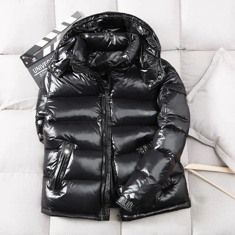 New Winter Men Black Shiny Puffer Jackets Hooded Casual Duck Down Coats High Quality Male Outdoor Windproof Warm Jackets Size 4X