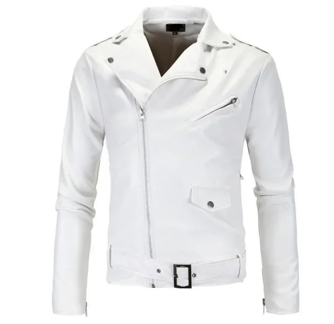 Mens Leather Jackets New White Black Casual Lapel Slim Fit Diagonal Zipper Motorcycle Pu Leather Jacket Coat Mens Jackets