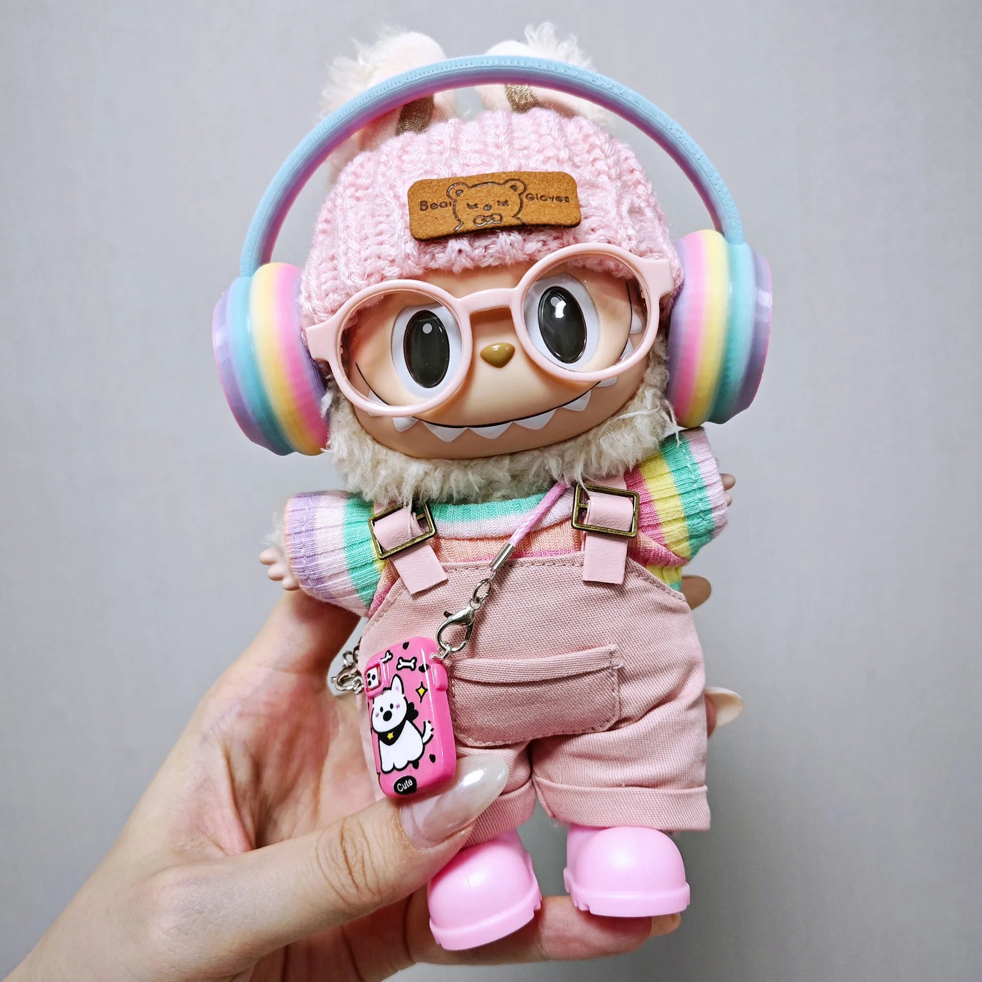 For Labubu Clothes Pink Overalls, Colorful Headphone Sets, Rainbow-colored Pleated Skirt Clothing, Labubu Accessories (no Dolls)
