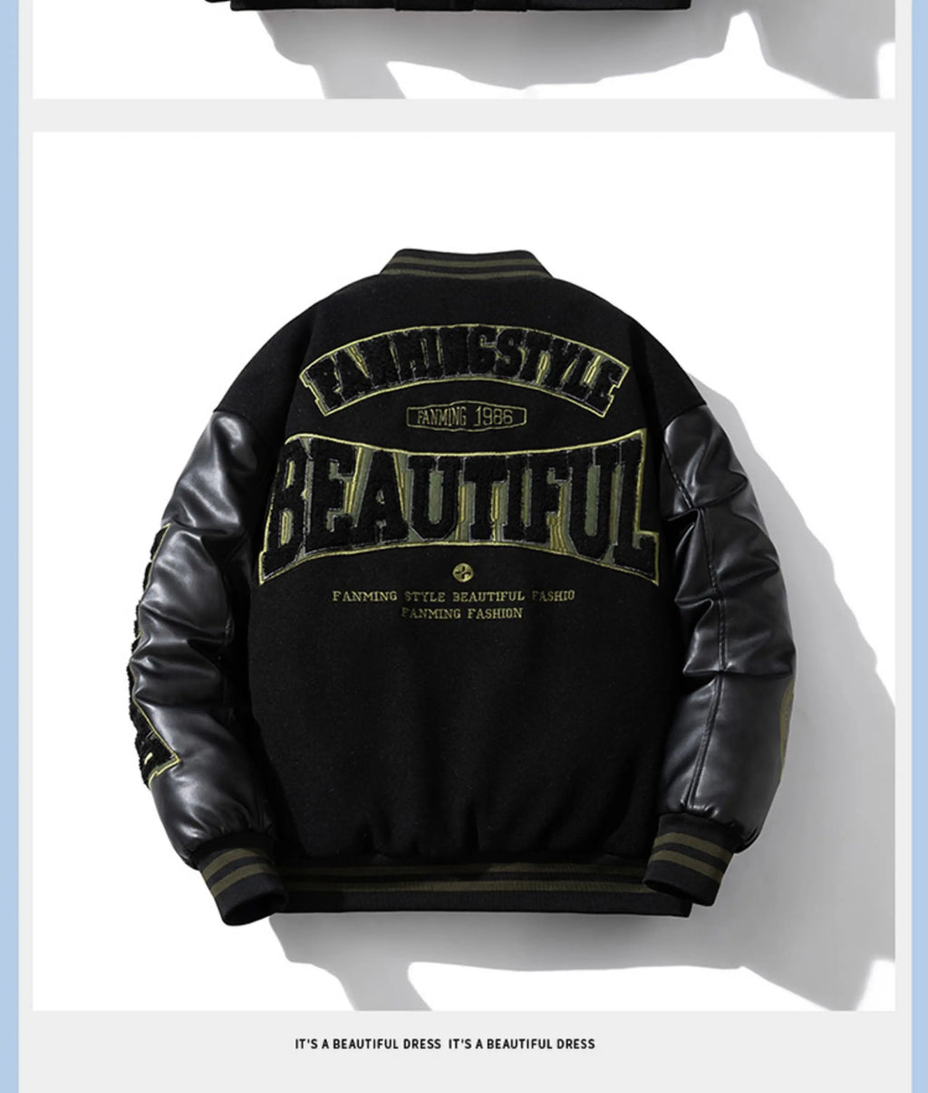 Winter Varsity Jacket Man Leather Sleeves Letter Embroidery Jacket Racing Motorcycle Woolen Coat Button Thick Warm Cool Original