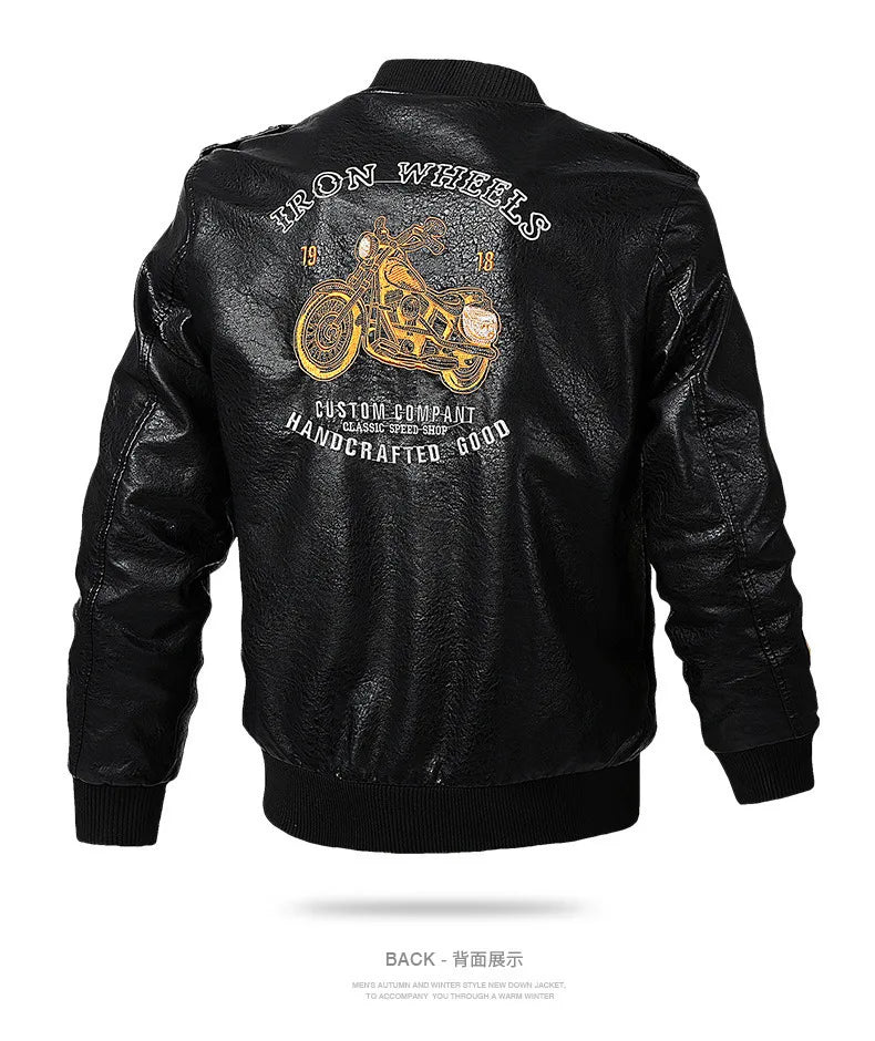 2025 Spring  Autumn Coffee V-neck  Embroidered PU Leather Motorcycle Jacket for Men,Army Green Washed Men's Workwear PU Jackets