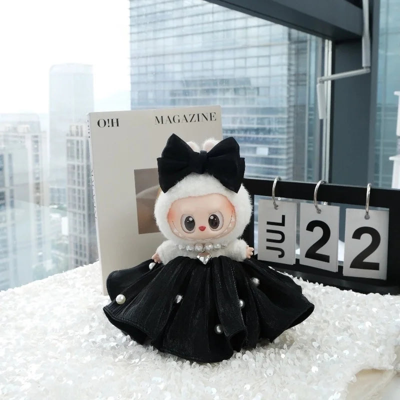Bow Dress For 17cm Ropa Labubu Mini Doll Clothes Matching Pearl Hair Accessory Fahion Style Labubu V2/V3 Themed Outfit