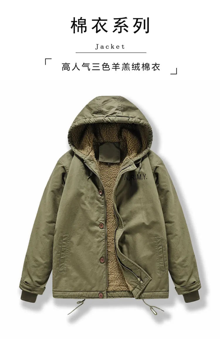 2025 New High-quality fall/winter outerwear men's outdoor casual windproof hooded pullover loose fleece work jacket male