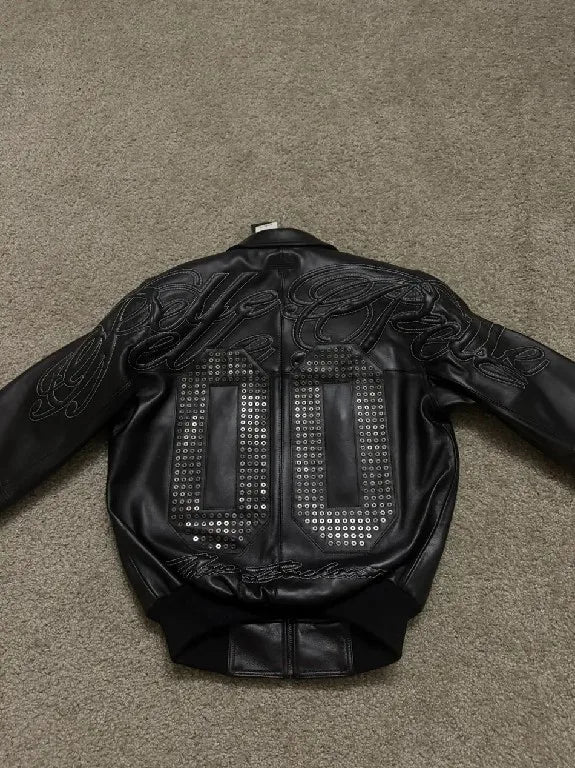 Street Style American Y2K Retro Rivet Leather Jacket Mens Letter Embroidered Hollow Oversized Coat Punk Rock Motorcycle Clothing