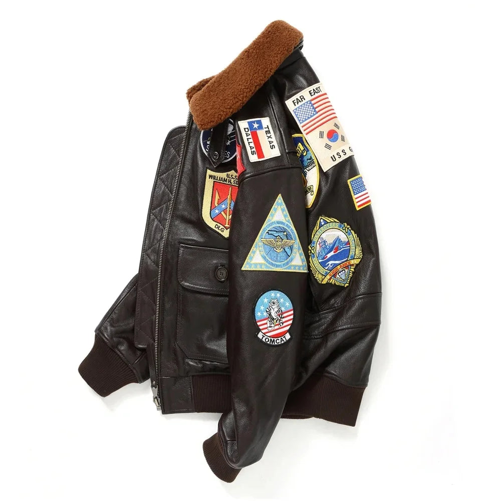 Dark Brown Winter Pilot Leather Jacket Men Military Style Europe Size Genuine Natural Thick Cowhide G1 Flight Leather Coat