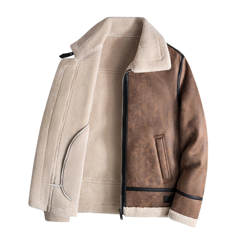 Men's Fleece Leather Motorcycle Short Jacket Imitation Fur Coat High Quality High Appearance Level Fur Integrated Flight Suit