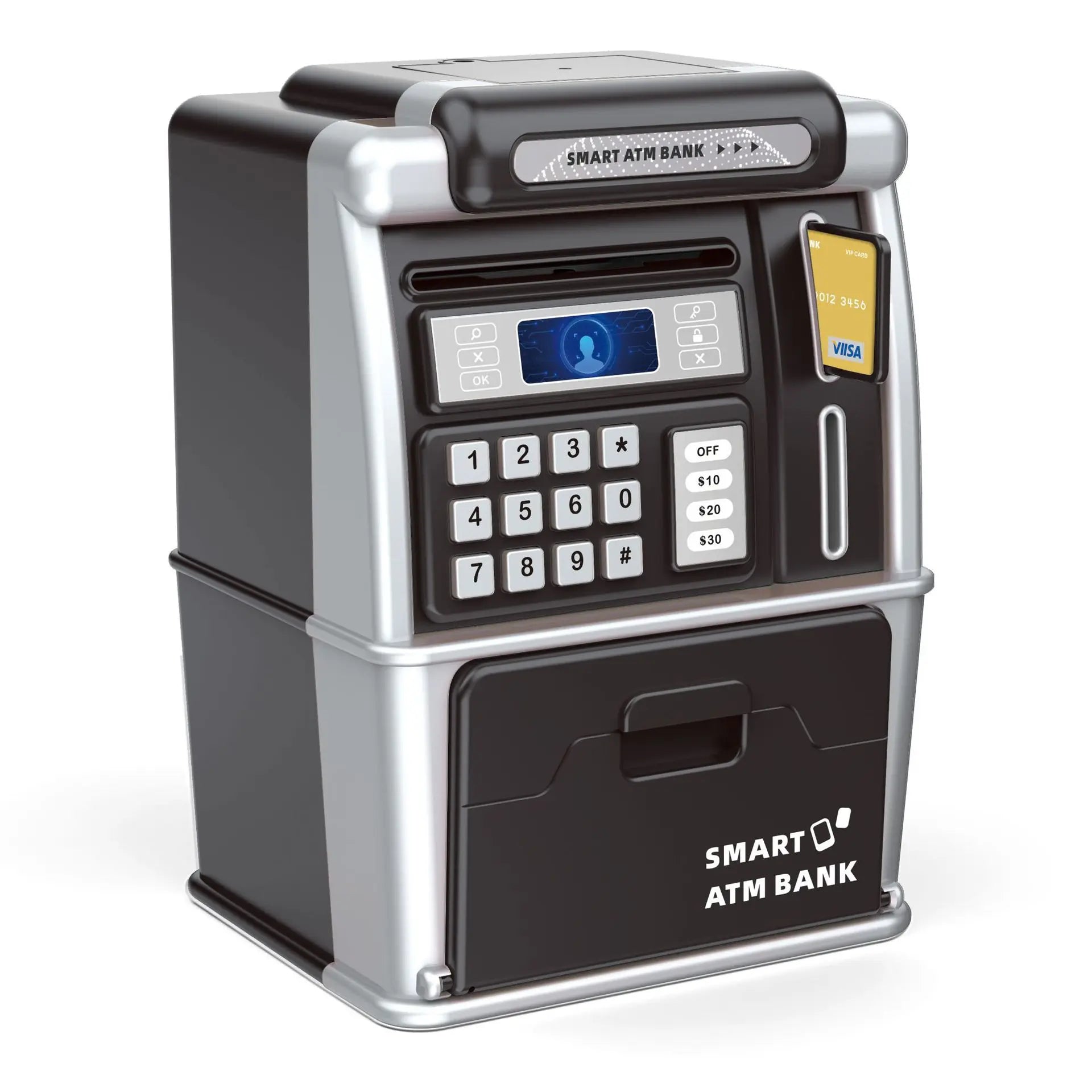Playing house, savings toys, ATM machines, smart card swiping, coin counting, large safe, password, and money storage can