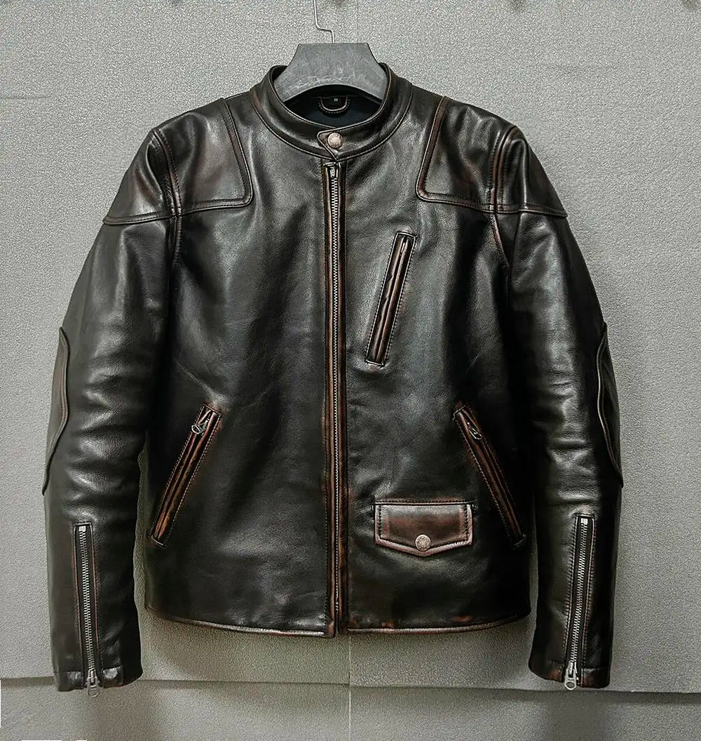 Vintage Black Autumn Leather Jacket Men Stand Collar Plus Size 5XL Natural Cowhide Slim Fit Short Genuine Leather Coat