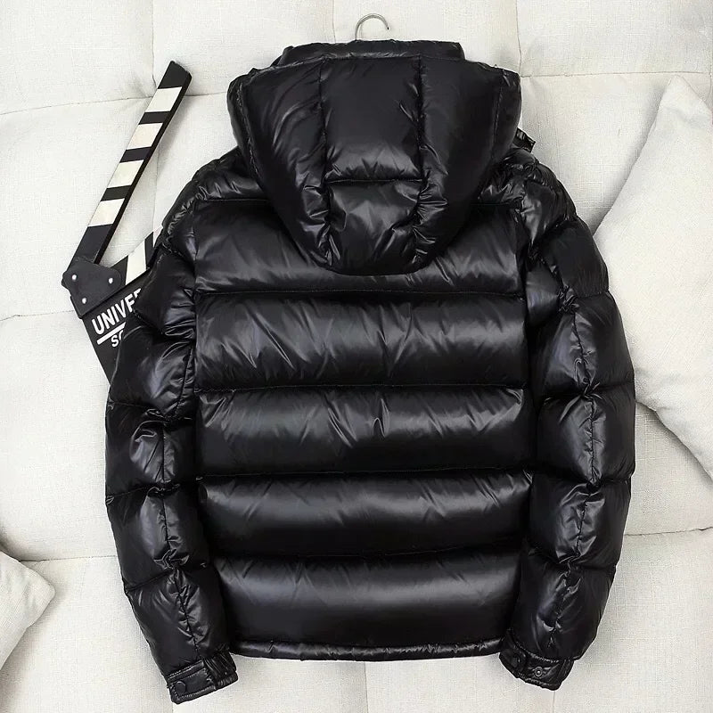 New Winter Men Black Shiny Puffer Jackets Hooded Casual Duck Down Coats High Quality Male Outdoor Windproof Warm Jackets Size 4X