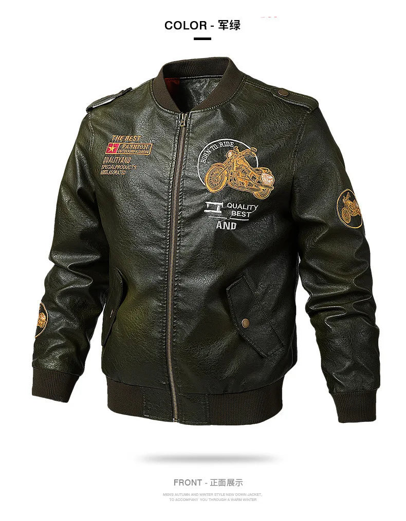 2025 Spring  Autumn Coffee V-neck  Embroidered PU Leather Motorcycle Jacket for Men,Army Green Washed Men's Workwear PU Jackets