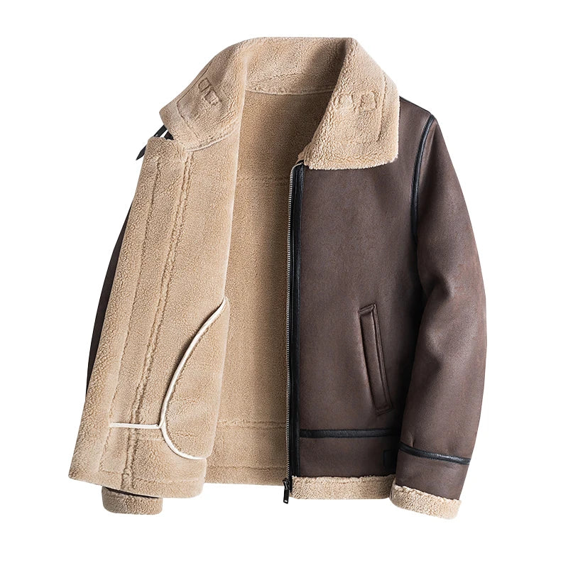 Men's Fleece Leather Motorcycle Short Jacket Imitation Fur Coat High Quality High Appearance Level Fur Integrated Flight Suit
