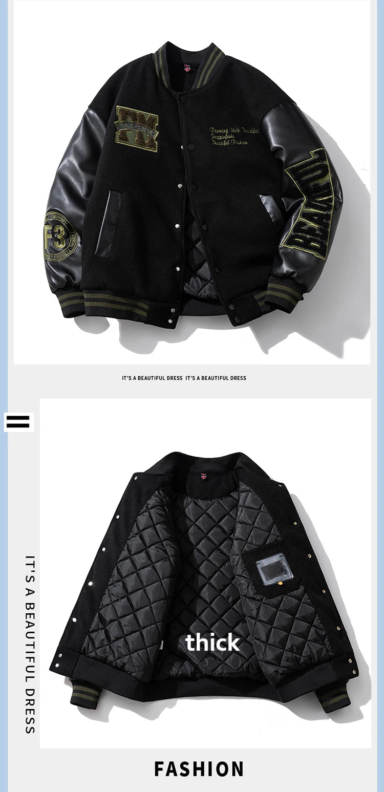 Winter Varsity Jacket Man Leather Sleeves Letter Embroidery Jacket Racing Motorcycle Woolen Coat Button Thick Warm Cool Original