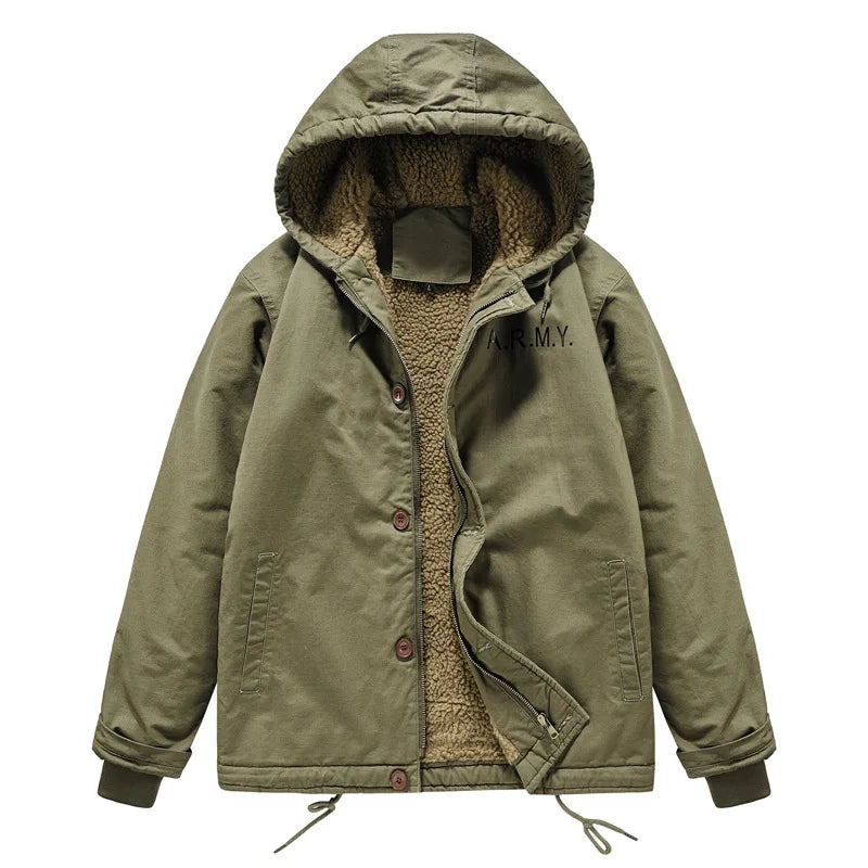 2025 New High-quality fall/winter outerwear men's outdoor casual windproof hooded pullover loose fleece work jacket male