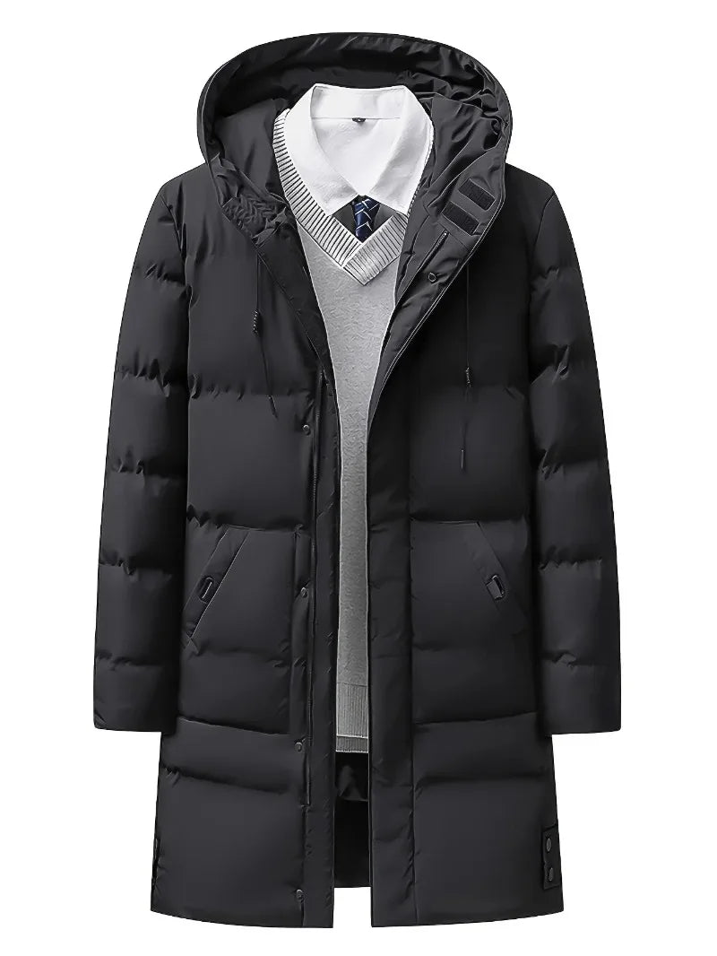 Men'S Heavyweight Winter Coat Windproof Cold Weather Jacket with Full-Length Zipper, Hooded Long Formality, Large Front Pockets