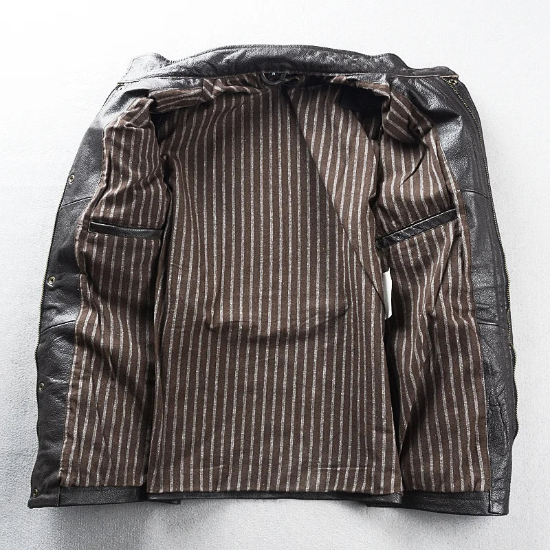 Brown Autumn Leather Jacket Men Safari Style Four Pockets Plus Size 5XL Natural Cowhide M65 Belt Genuine Leather Coat