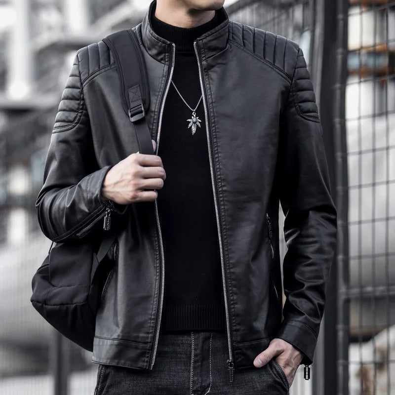 Motorcycle PU Leather Jacket Men Winter Leahter Jacket Male Stand Collar Casual Windbreaker trendy mens clothing black blue coat