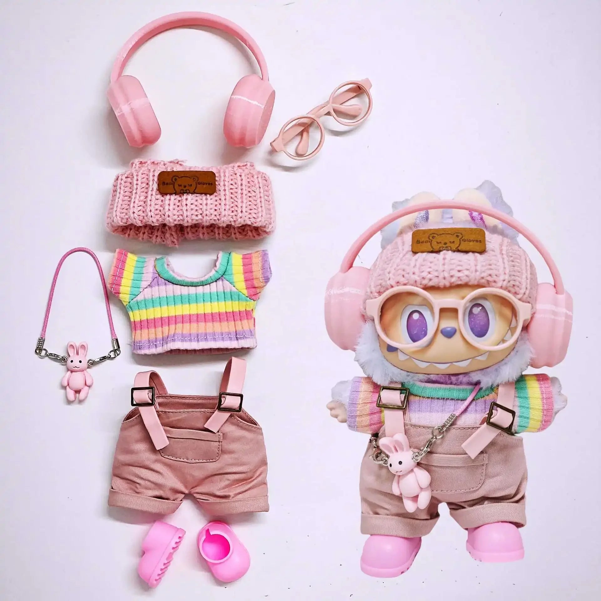 For Labubu Clothes Pink Overalls, Colorful Headphone Sets, Rainbow-colored Pleated Skirt Clothing, Labubu Accessories (no Dolls)
