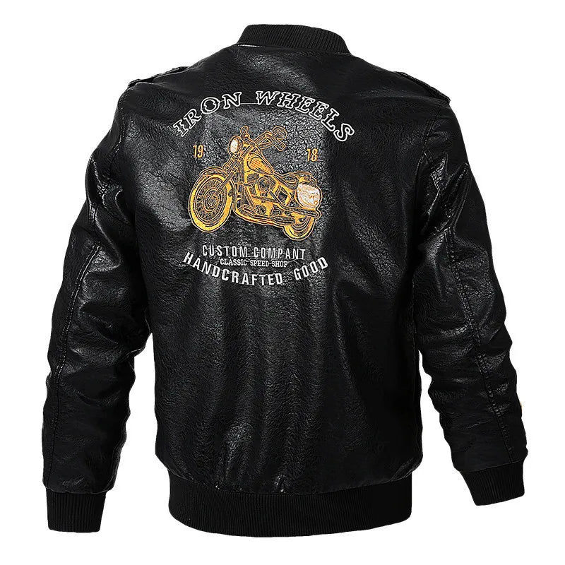 2025 Spring  Autumn Coffee V-neck  Embroidered PU Leather Motorcycle Jacket for Men,Army Green Washed Men's Workwear PU Jackets