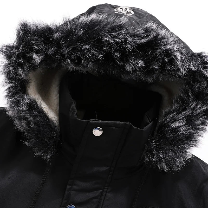 Men's Winter Fur Hooded Parka Coat Winter Warm Removable Hooded Fleece Lined Windproof Motorcycle Jackets Men Lambswool Parkas