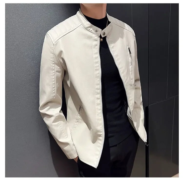 Spring and Autumn Men's Motorcycle Leather Jacket Casual Stand Collar Solid Color White Black Leather Jacket Zip Up PU Coat