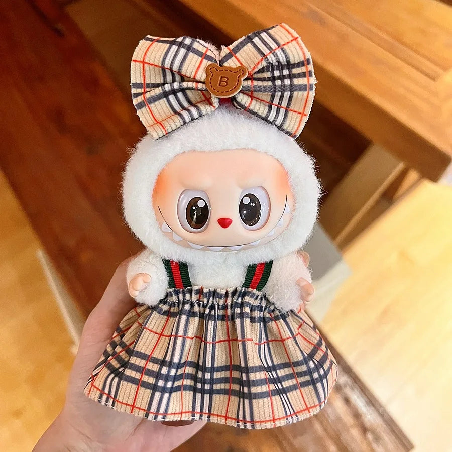 For 15/17cm Labubu Mini Doll Luxury Bow Dress original Hat Pants Clothes Set Labubu Dolls Clothing designer DIY Toys Accessorie