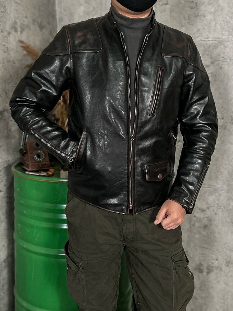 Vintage Black Autumn Leather Jacket Men Stand Collar Plus Size 5XL Natural Cowhide Slim Fit Short Genuine Leather Coat