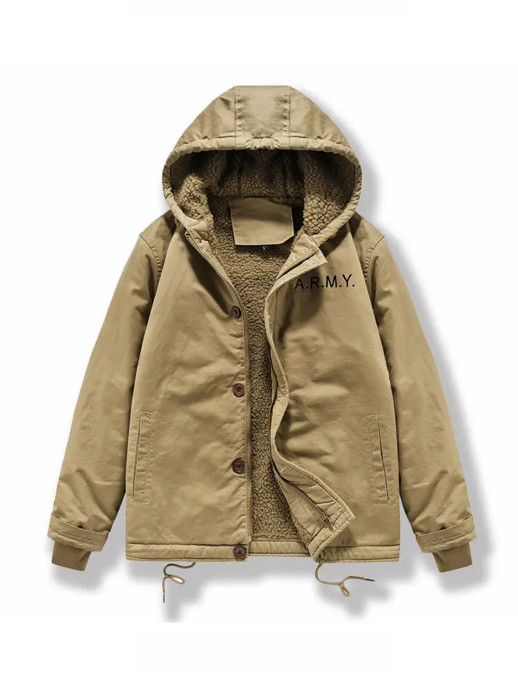 2025 New High-quality fall/winter outerwear men's outdoor casual windproof hooded pullover loose fleece work jacket male